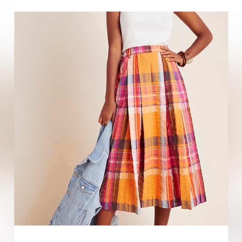 Maeve Anthropologie Orange Plaid Cotton Maxi Skirt